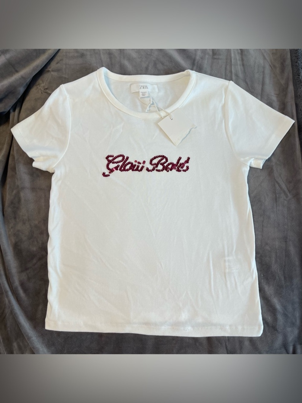 Zara White Short-Sleeve Tee with Red Beaded Script